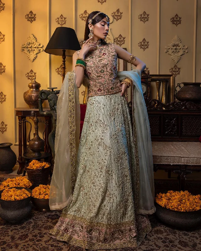 Bridal Peach Choli with Lime Green Lehenga Dress #BS832