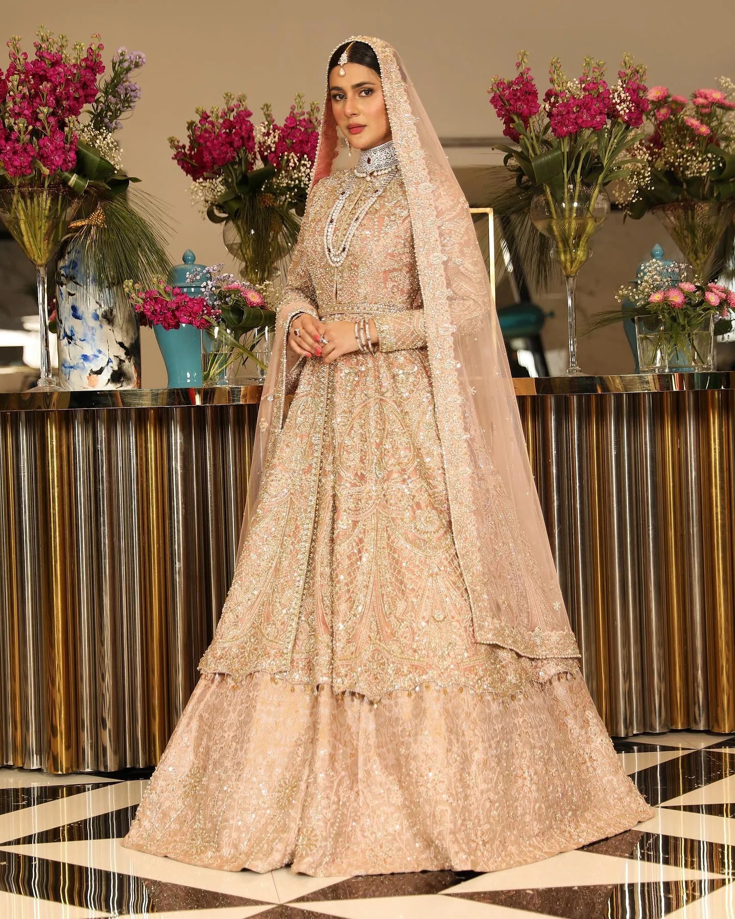 Pakistani Bridal Rose Gold Lehenga Frock Dress