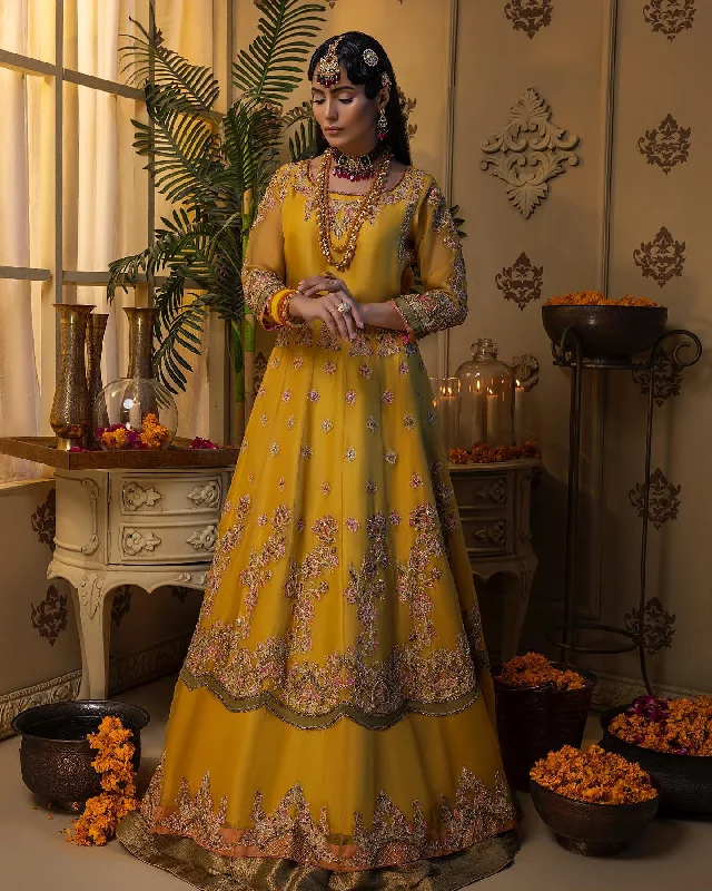 Bridal Lehenga and Pishwas Yellow Mehndi Dress #BS835