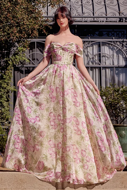 ANDREA & LEO A1466 Floral Printed Off The Shoulder A-Line Dress