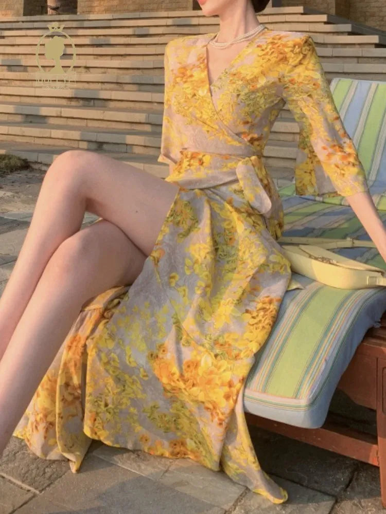 Getadme New Summer Women's Dress Sexy Elegant Floral  V-neck Ruffle Flower French Style Print Fashion Holiday Long Dress for Women