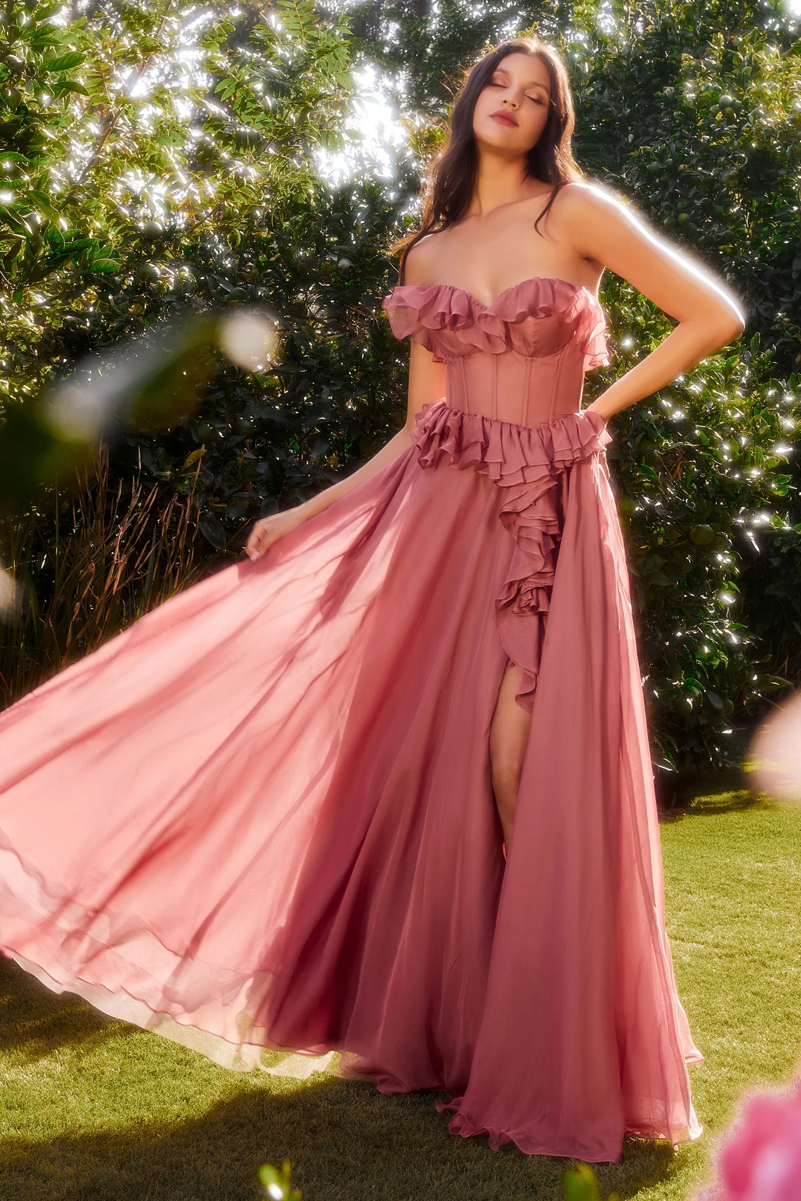 ANDREA & LEO A1341 Strapless Chiffon Ruffle A-Line Dress
