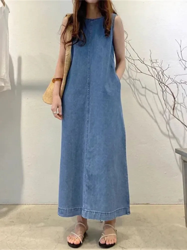Getadme-Blue Summer Dress Women Fashion Korea Elegant Thin Imitation Denim Vintage Loose Sleeveless Long Dress Streetwear Clothes
