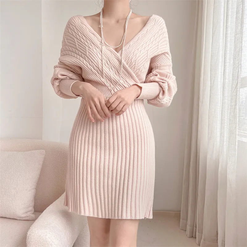 Getadme Elegant Office Knitted Causal Dresses Women Long Sleeve Harajuku Solid Color V-Neck Casual Vintage Party Knit Dress new