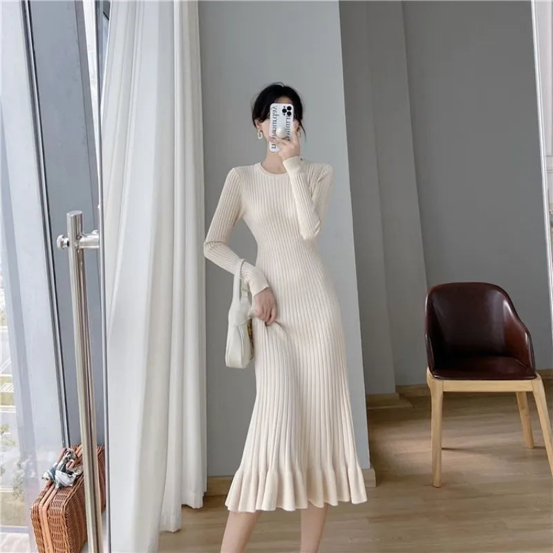 Getadme-Dresses for Women Cover Up Midi Formal Clothes Solid Woman Dress Knee Length Black White Crochet Trendy Korean Fashion Knitted