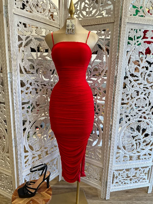 Cherry Red Midi Ruched Dress