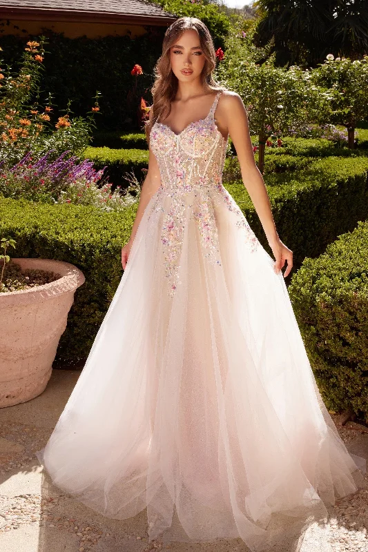 ANDREA & LEO A1288 White A-Line Dress With Multi Colored Floral Embellishment