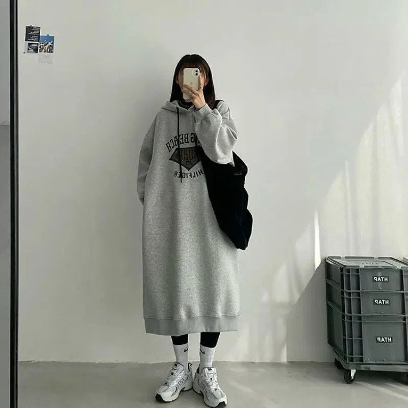 Getadme-Autumn Winter New Fleece Long Dress Women's Solid Printed Hooded Lace Up Screw Thread Korean Casual Simple Loose Dresses