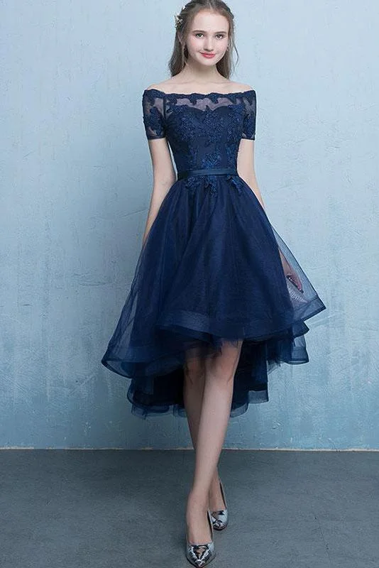 Dark Blue Lace Tulle Short Sleeve High Low Round Neck A-Line Short Prom Dresses WK408