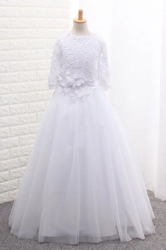2024 Mid-Length Sleeves Scoop Ball Gown Flower Girl Dresses Tulle PQ15XLTJ