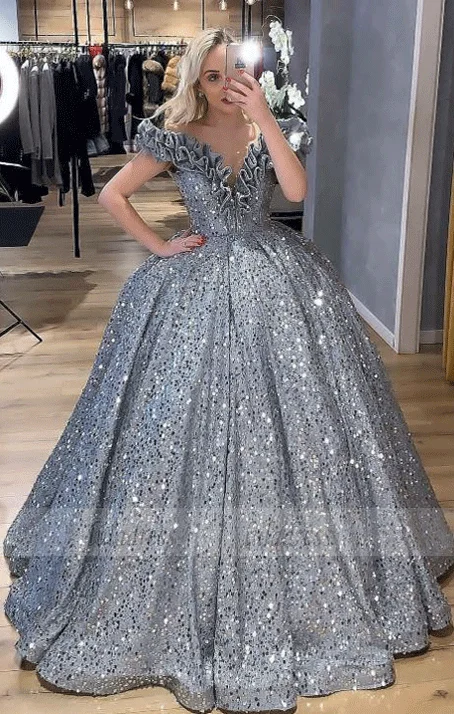 Ball Gown Off the Shoulder Sweep Train Silver Sequin Prom Dresses