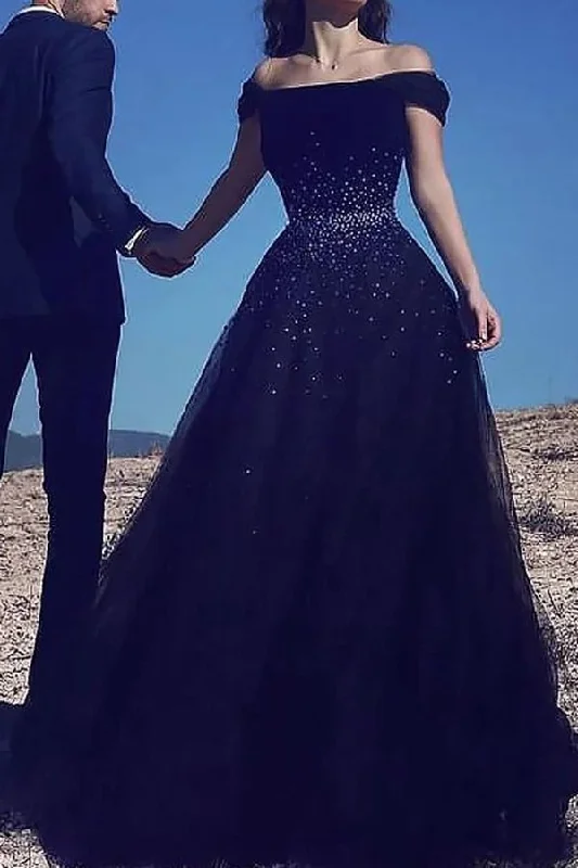 2024 A-Line Ball Gown Sleeveless Off-The-Shoulder Beading Sweep/Brush Train Tulle Dresses P9QPEX4R 2024 A-Line Ball Gown Sleeveless Off-The-Shoulder Beading Sweep/Brush Train Tulle Dresses P9QPEX4R