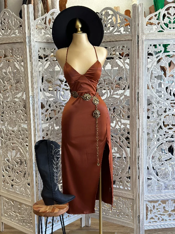 Coffee Brown Satin Tie Back Dress
