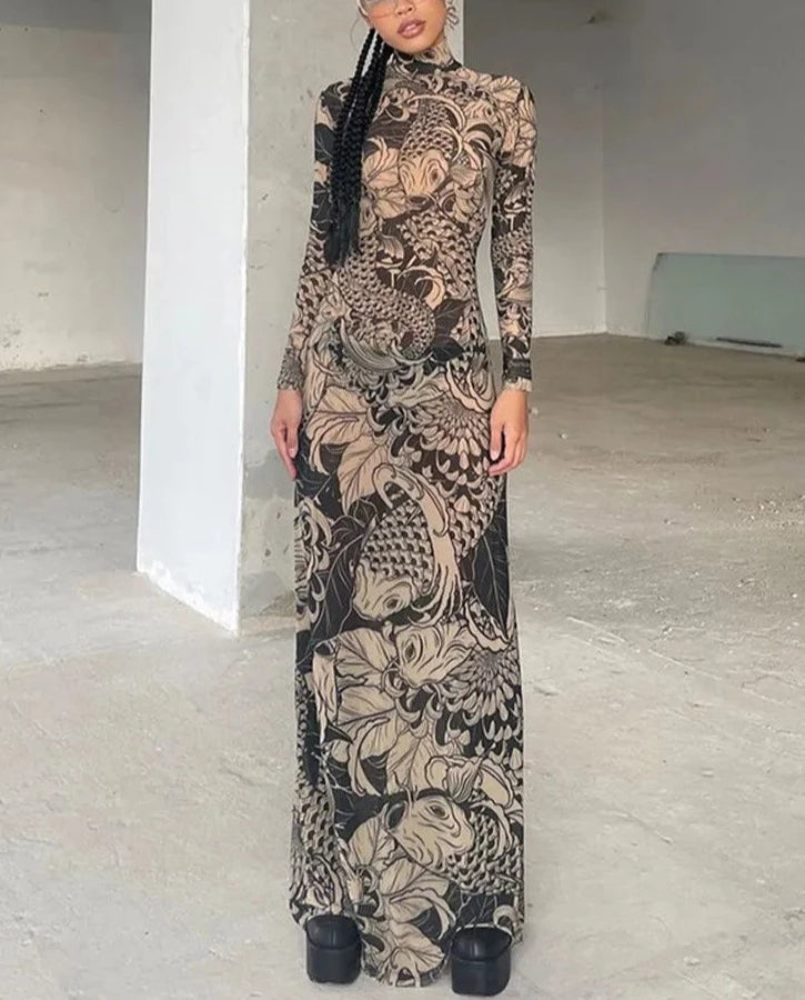 Getadme Women Autumn Winter Long Sleeve Mesh See Through Streetwear Bodycon Long Dress Wholesale Items For Business