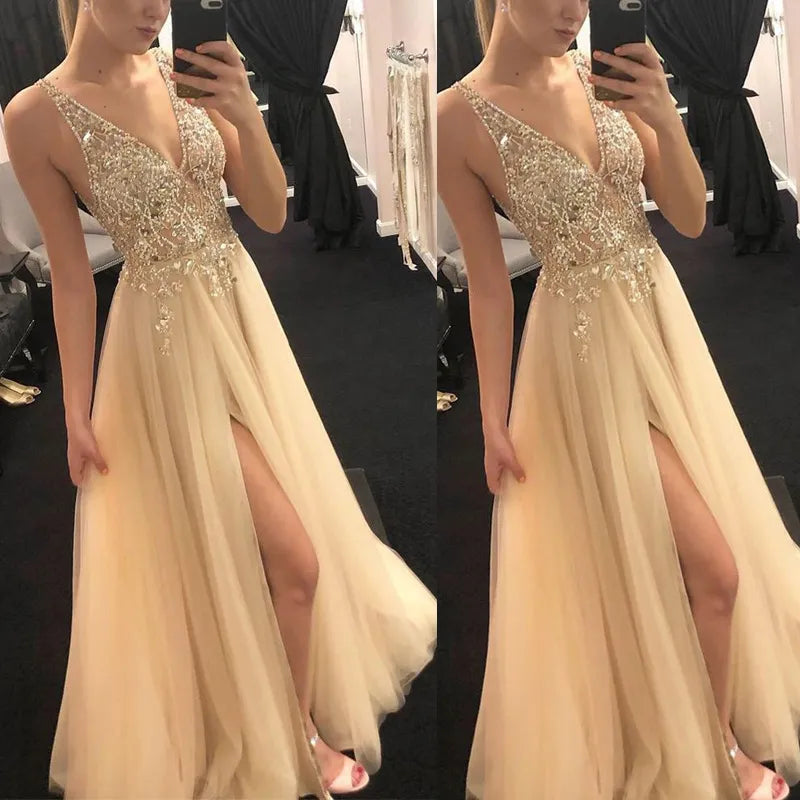 Sexy Deep V-Neck Side Split Long Evening Dress 2022 New Arrivals Backless Sparkly High Slit See Through Abendkleider Lang