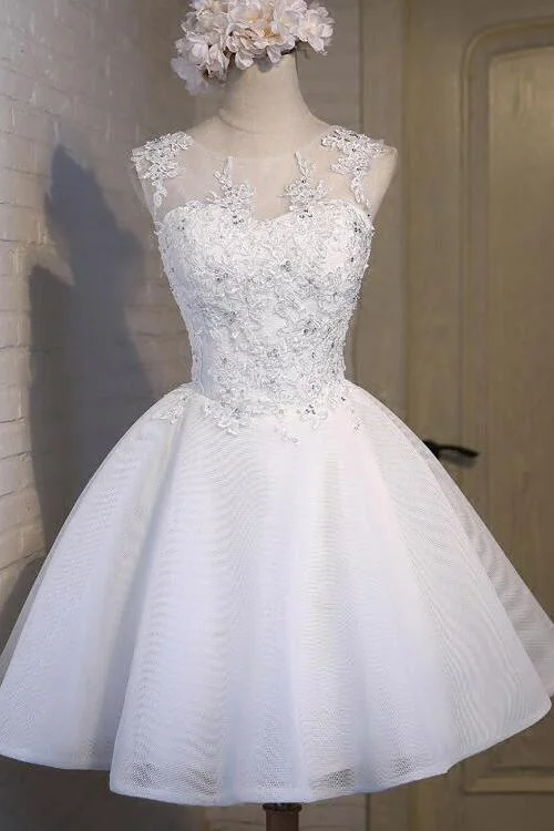 White Simple Graduation Dress Scoop Tulle Straps Homecoming Dresses with Lace up H1063