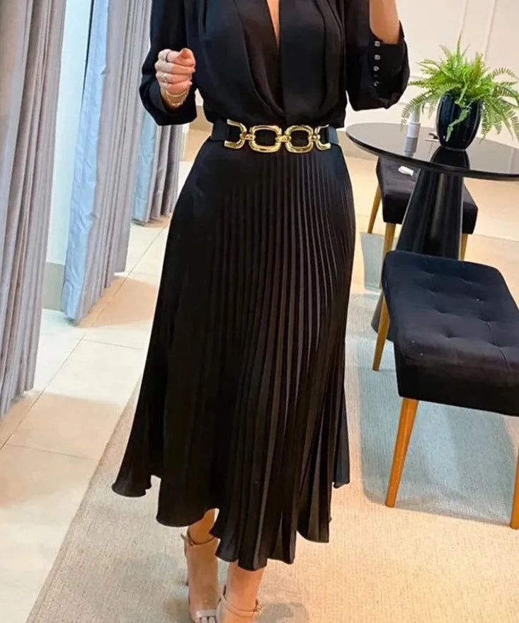 Getadme-Black Ankle Length Dresses Women V Neck Long Sleeve Loose Elegant Office Lady Fold Dresses Women Autumn New