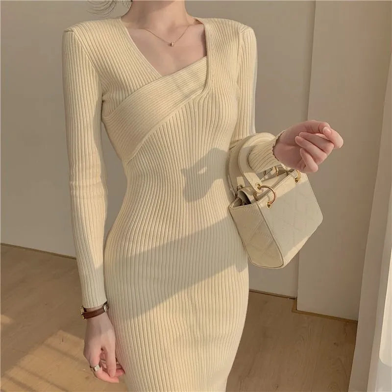 Getadme-Crochet Sexy Daring Knitted Knee Length Clothes Bodycon Woman Dress Solid Cover Up Dresses for Women Midi Beach Long Sleeve Knit