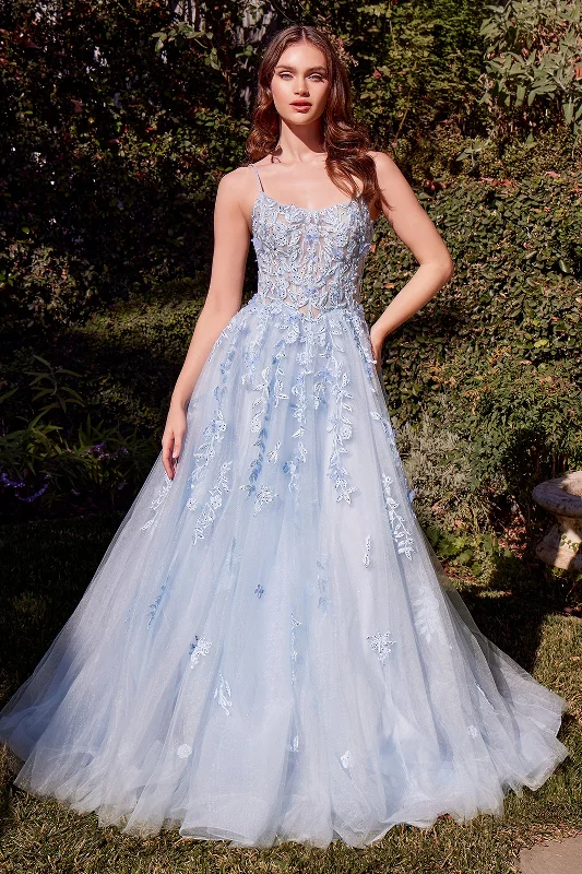 ANDREA & LEO A1437 Light Blue Leaf Motif Appliqued A-Line Dress