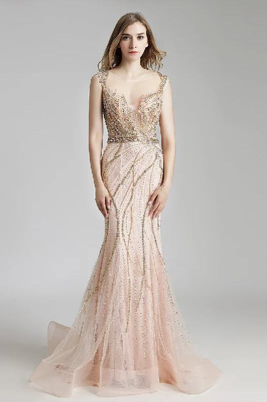 Blush Mermaid Formal Beaded Long Evening Prom Dress