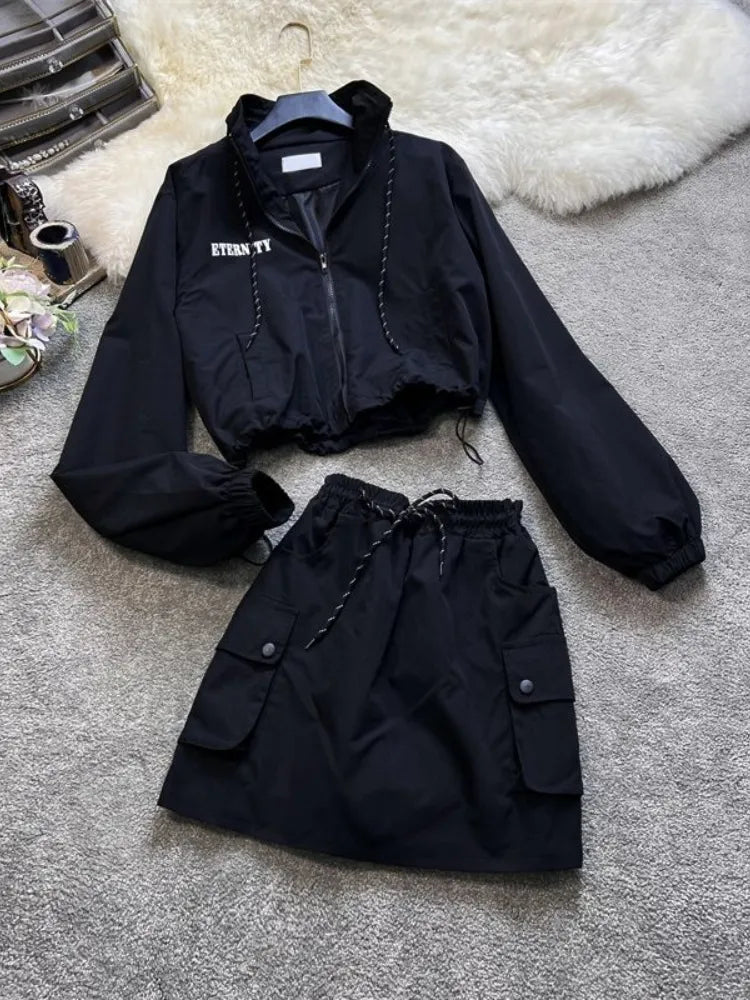 Getadme-Techwear Skirt Sets Women Harajuku Hip Hop Y2K Mini High Waist Dress Sets Vintage Elasticity Two Piece Set Sport Outfit