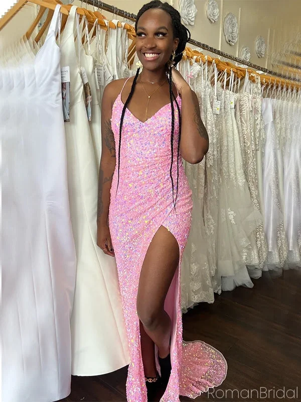 Sexy V-neck Sequin Mermaid Long Prom Dress With Slit Online, OL319
