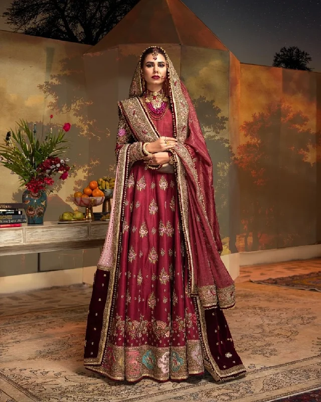 Maroon Pakistani Bridal Dress in Lehenga Choli Style
