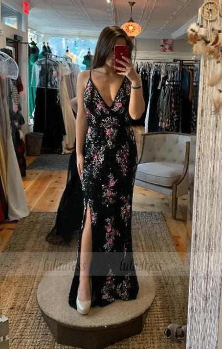 Spaghetti Strap Applique Prom Dress with Side Slit