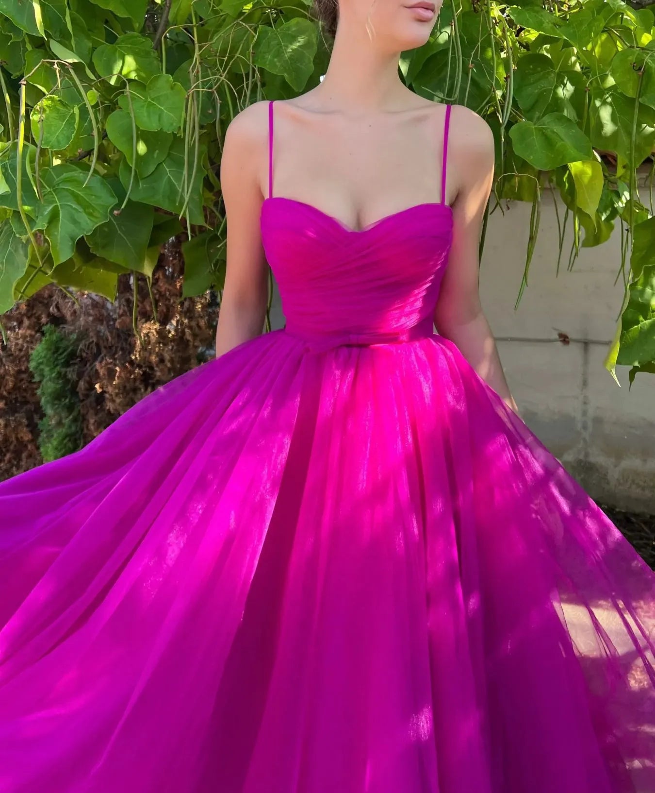 Getadme-Fushcia Tulle Birthday Dress Women Spaghetti Straps Magic Awn Bridesmaid Gown Sweetheart High Waist Vestidos De Fiesta