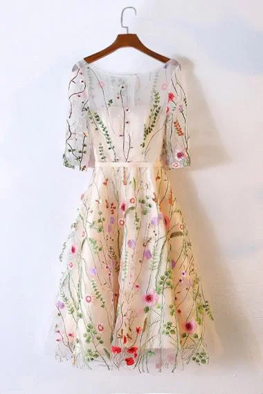 A-Line Scoop Knee-Length Half Sleeves Appliques Tulle Short Homecoming Graduation Dress WK247