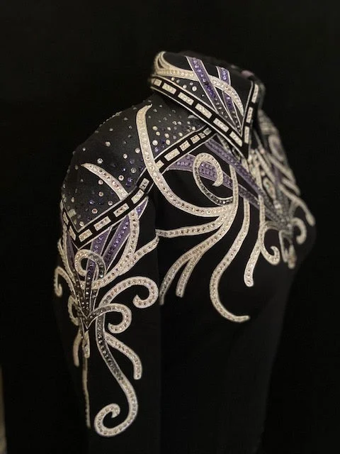 #1366 Black w/White and Lavendar Show Blouse, Ladies L, 8637-14 Elegant Lace Blouse