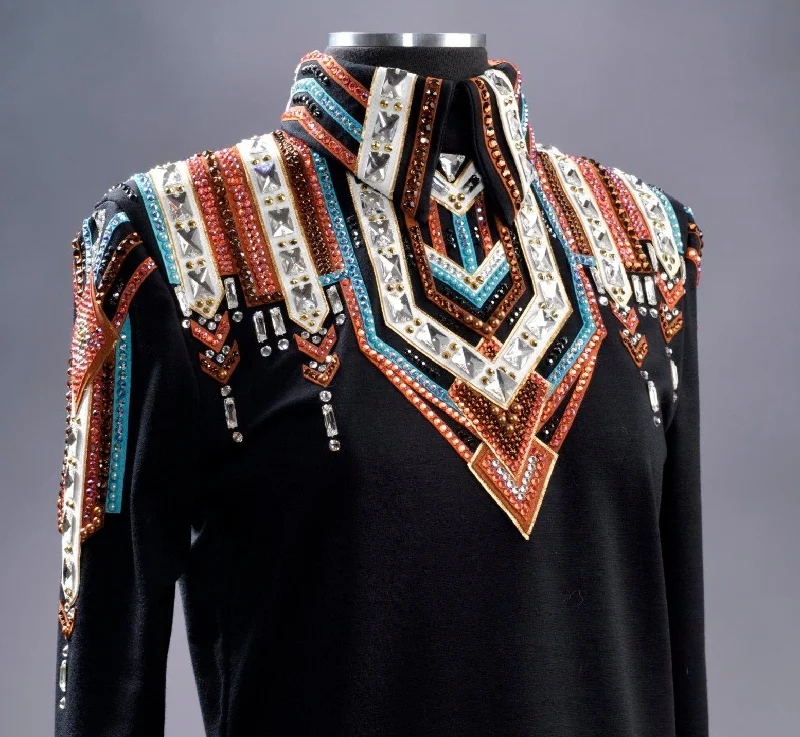 #2004 Black w/Rust, Turq, White Show Blouse, Ladies M , 8637-9 Casual Relaxed Fit Blouse #2004 Black w/Rust, Turq, White Show Blouse, Ladies M , 8637-9 Casual Relaxed Fit Blouse