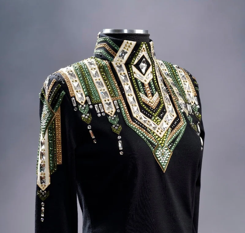 #2004 Black with Moss and White Show Blouse, Ladies S, 8637-13 Elegant Peplum Blouse