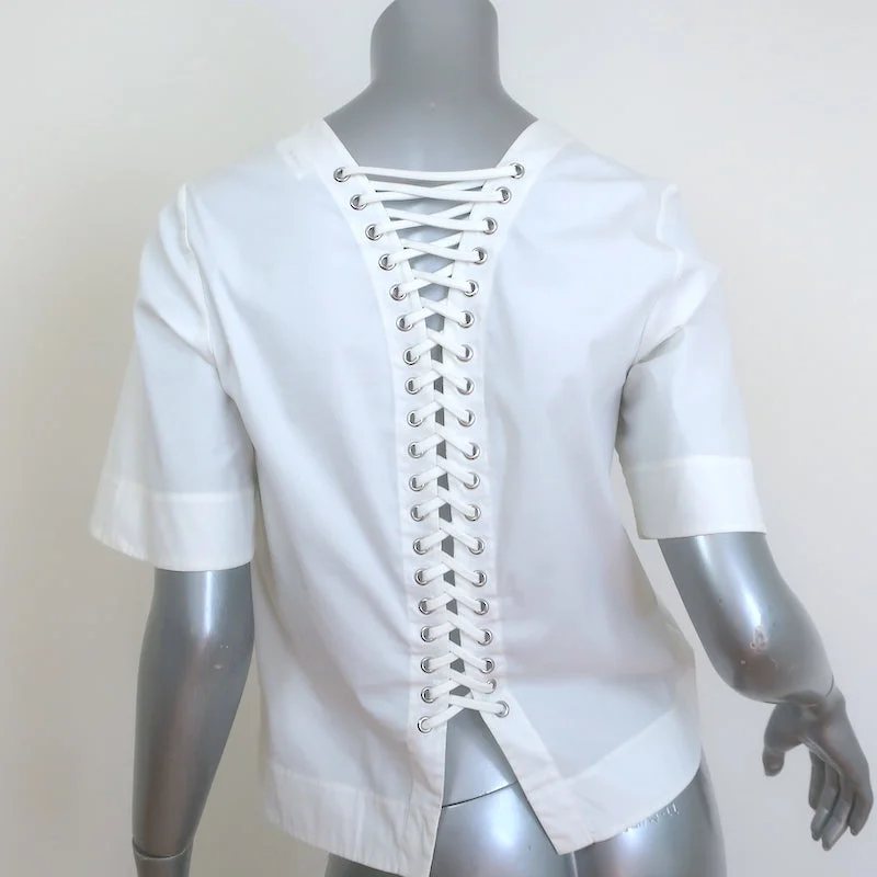 A.L.C. Lace-Up Back Top White Stretch Cotton Size 4 Short Sleeve Blouse Stretchy Fitted Blouse A.L.C. Lace-Up Back Top White Stretch Cotton Size 4 Short Sleeve Blouse Stretchy Fitted Blouse