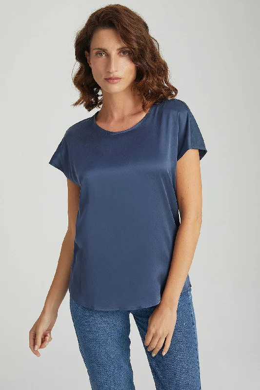 Navy Blue Silk Monica Women's Blouse Ruched Sleeve Blouse