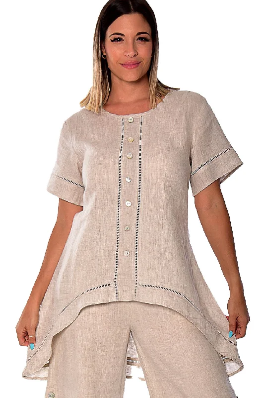 Azucar Ladies 100% LINEN Short Sleeve Wide Neck Hi-Low Blouse - LLWB2083 Floral Print Blouse Azucar Ladies 100% LINEN Short Sleeve Wide Neck Hi-Low Blouse - LLWB2083 Floral Print Blouse