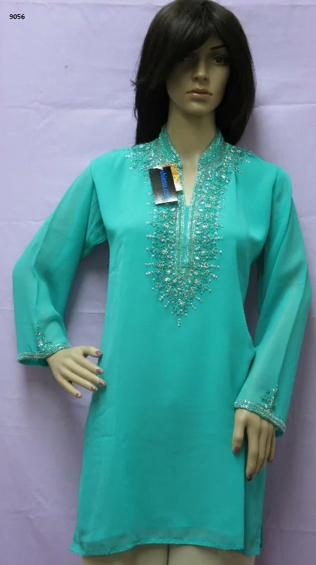 Blouse 9056 Solid Firozi Georgette Silver Detail Cocktail Wear Medium Size Kurti Ruffled Neck Blouse