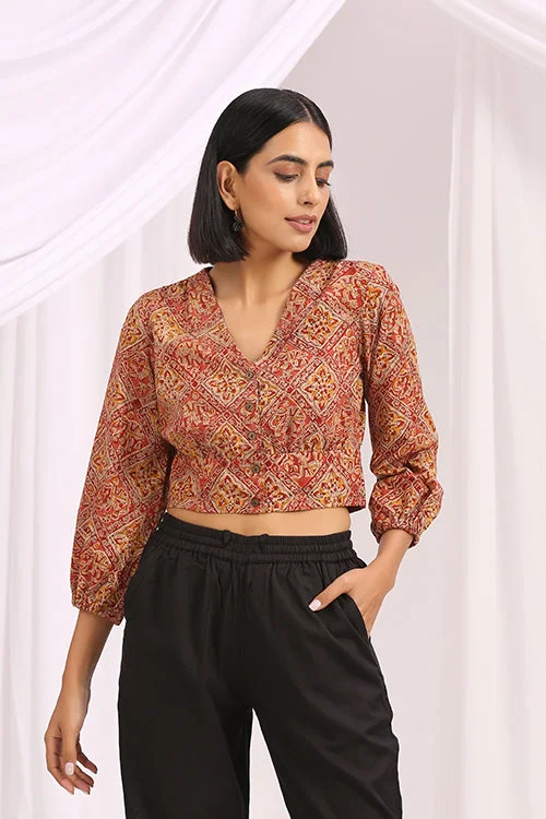 Okhai 'Rowshan' Hand Block Printed Kalamkari Blouse Lightweight Chiffon Blouse