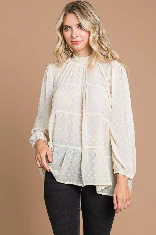 Culture Code Full Size Swiss Dot Smocked Mock Neck Blouse Off-Shoulder Wrap Blouse