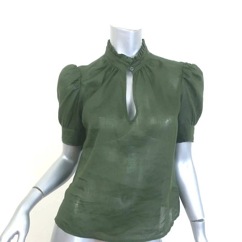 FRAME Deep V Ruffle Collar Top Fatigue Green Size Extra Small Puff Sleeve Blouse Silky Tunic Blouse FRAME Deep V Ruffle Collar Top Fatigue Green Size Extra Small Puff Sleeve Blouse Silky Tunic Blouse