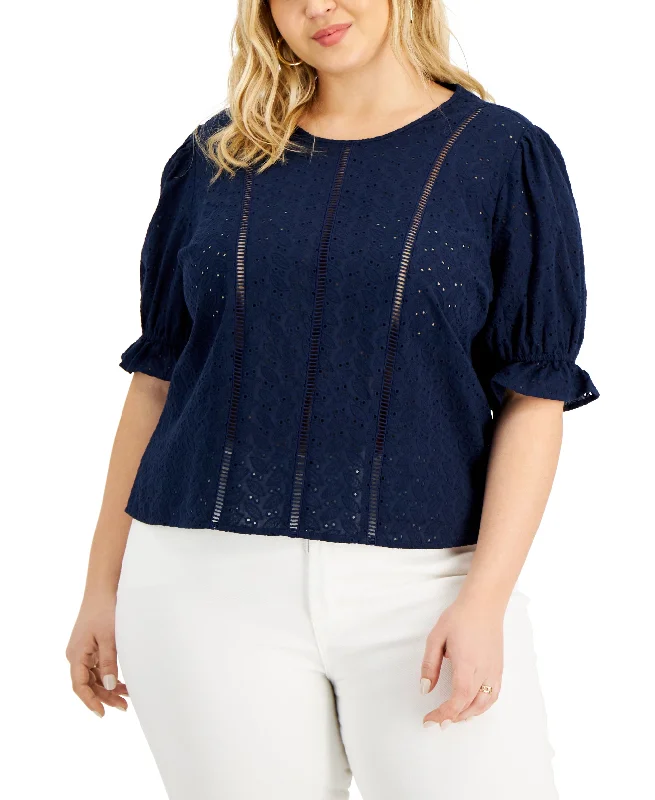 INC International Concepts Plus Size Cotton Eyelet Blouse Lightweight Tunic Blouse