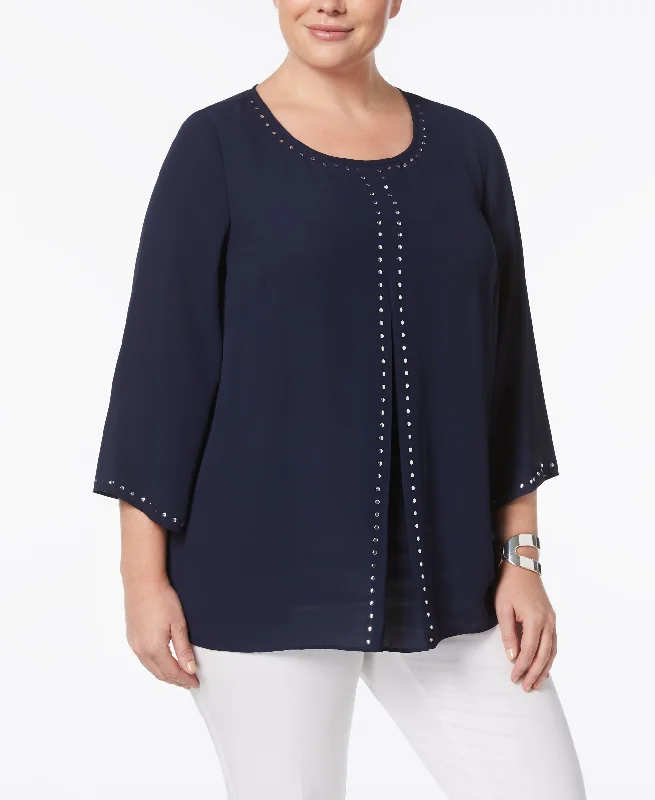 JM Collection Plus Size Studded Pleat Front Blouse Double Button Blouse