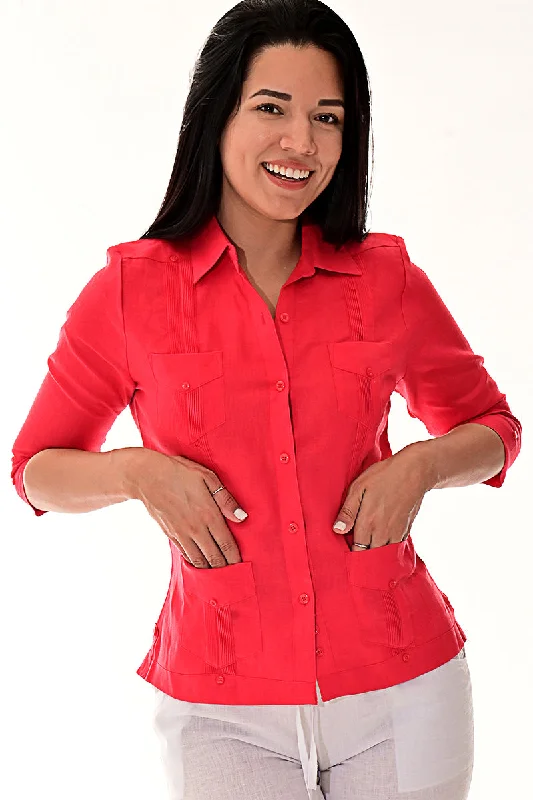 Ladies 100% Soft Linen Traditional (4) Pocket 3/4 Sleeve Guayabera Blouse in (5) Colors - LLGB3009 Soft Modal Blouse