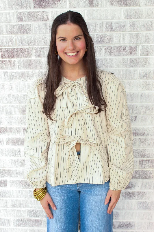 Montana Collection - Hot Springs Striped Woven Blouse w/ Tie Front Stylish Wrap Blouse