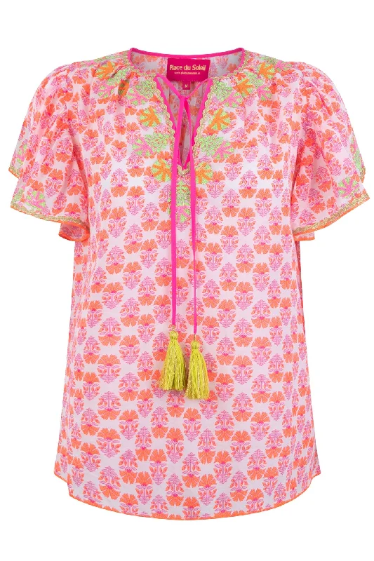 Place du Soleil 121 Pink Orange Print Short Sleeve Tie Neck Blouse Bell Sleeve Blouse Place du Soleil 121 Pink Orange Print Short Sleeve Tie Neck Blouse Bell Sleeve Blouse