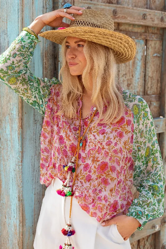Place du Soleil 412 Pink Green Long Sleeve Chiffon Print Blouse Peter Pan Blouse