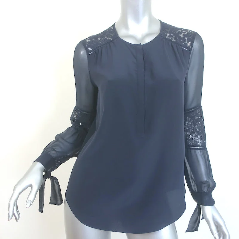 Rebecca Taylor Sarah Lace-Paneled Top Navy Silk Size 0 Tie-Cuff Blouse Modern Oversized Blouse Rebecca Taylor Sarah Lace-Paneled Top Navy Silk Size 0 Tie-Cuff Blouse Modern Oversized Blouse