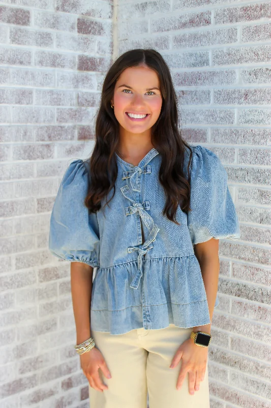 Sofie The Label - Norah Denim Blouse with Front Ties Elegant Office Blouse