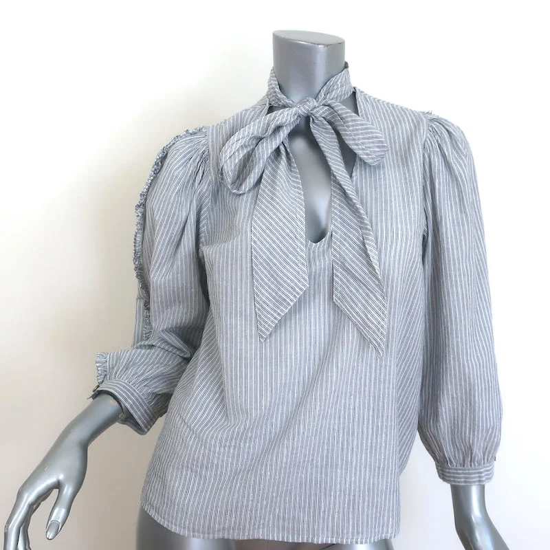 Ulla Johnson Julie Tie-Neck Blouse Gray/White Lurex-Striped Cotton Size 6 Soft Pastel Blouse Ulla Johnson Julie Tie-Neck Blouse Gray/White Lurex-Striped Cotton Size 6 Soft Pastel Blouse