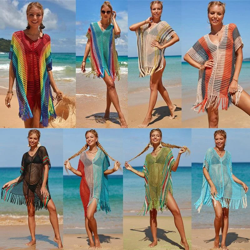 Women's Knitted Colorful Striped Beach Blouse Wrap Front Blouse
